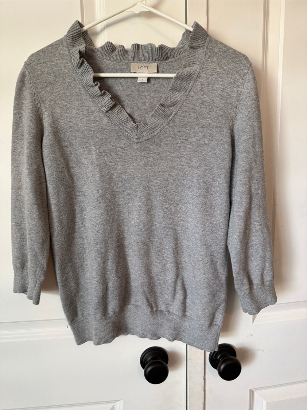 LOFT Light Gray Ruffle V-Neck Sweater